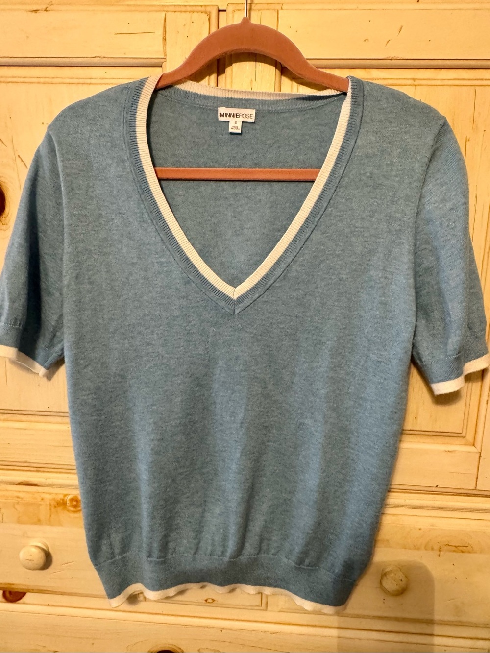 Minnie Rose cotton and cashmere  light Blue V-Neck Short Sleeve Sweater, S